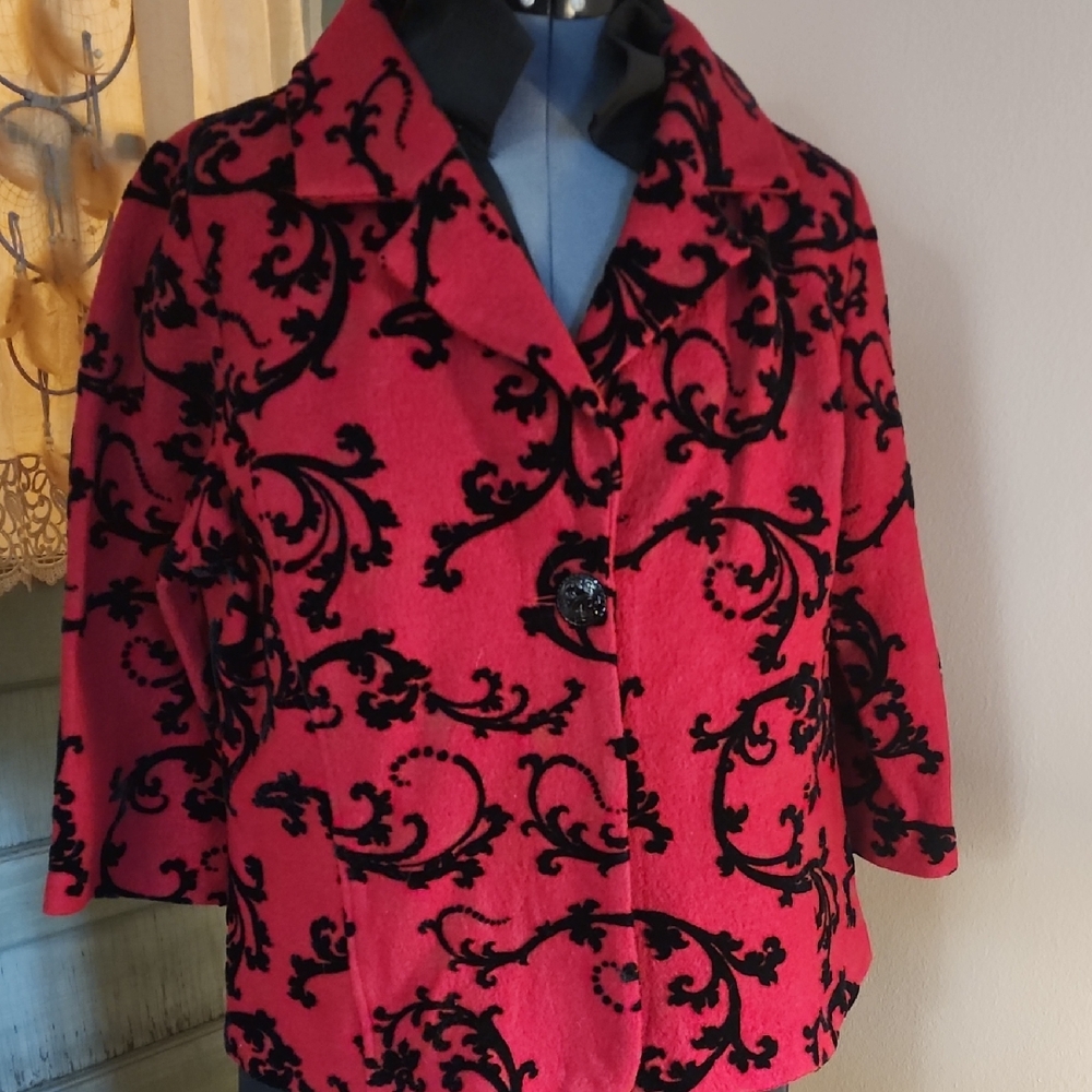 Coldwater Creek Wool Red and Black Floral Blazer